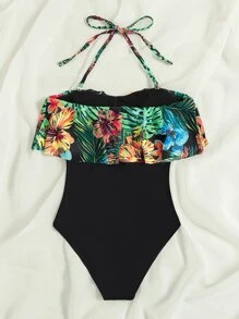 Swim Lushoire Summer Beach Tropical Print Ruffle Hem One Piece Swimsuit - Black - View 4