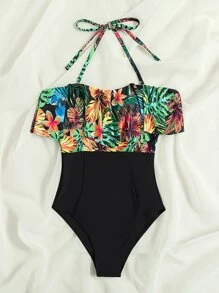 Swim Lushoire Summer Beach Tropical Print Ruffle Hem One Piece Swimsuit - Black - View 7