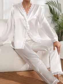 Guipure Lace Trim Satin Pajama Set White Set - White - View 1
