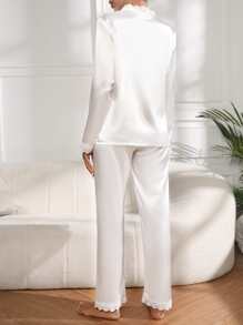 Guipure Lace Trim Satin Pajama Set White Set - White - View 2