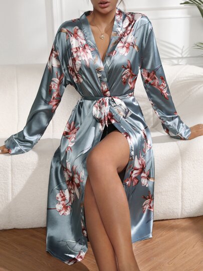 印花腰帶緞面睡袍