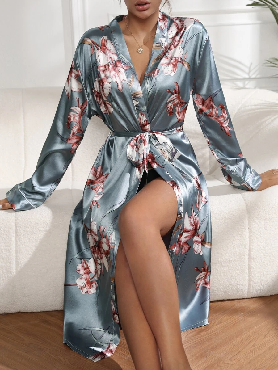 印花腰帶緞面睡袍 - 霧霾藍 - 查看 1