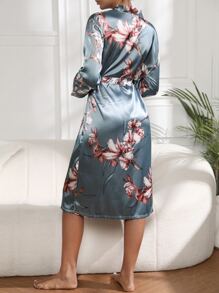 印花腰帶緞面睡袍 - 霧霾藍 - 查看 2