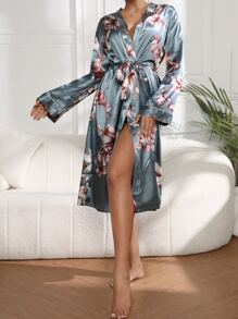 印花腰帶緞面睡袍 - 霧霾藍 - 查看 3