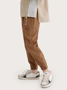 男孩1入組字母圖案腰部抽繩長褲 - 棕色 - 查看 6