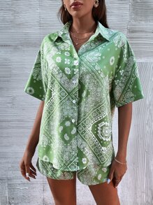 SHEIN VCAY Scarf & Paisley Print Drop Shoulder Blouse & Shorts - Multicolor - View 5