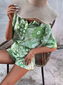 SHEIN VCAY Scarf & Paisley Print Drop Shoulder Blouse & Shorts - Multicolor - View 6