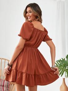 Breezaya Square Neck Shirred Ruffle Hem Dress Vacation Beach Outfits Women - Rust Brown - View 2