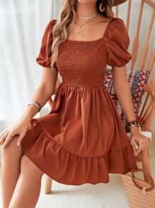 Breezaya Square Neck Shirred Ruffle Hem Dress Vacation Beach Outfits Women - Rust Brown - View 3