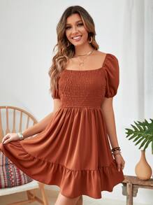 Breezaya Square Neck Shirred Ruffle Hem Dress Vacation Beach Outfits Women - Rust Brown - View 4