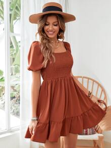 Breezaya Square Neck Shirred Ruffle Hem Dress Vacation Beach Outfits Women - Rust Brown - View 5