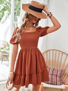 Breezaya Square Neck Shirred Ruffle Hem Dress Vacation Beach Outfits Women - Rust Brown - View 6