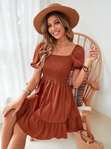 Breezaya Square Neck Shirred Ruffle Hem Dress Vacation Beach Outfits Women - Rust Brown - View 7
