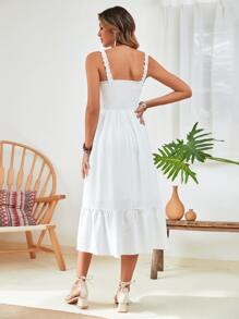 Breezaya Vestido largo con volantes y plisados sólidos, conjunto de ropa de playa de vacaciones para mujeres - Blanco - Ver 2