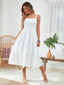 Breezaya Vestido largo con volantes y plisados sólidos, conjunto de ropa de playa de vacaciones para mujeres - Blanco - Ver 3