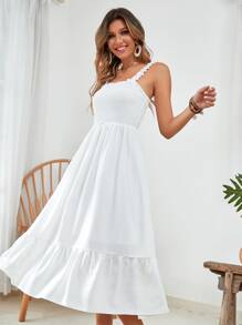 Breezaya Vestido largo con volantes y plisados sólidos, conjunto de ropa de playa de vacaciones para mujeres - Blanco - Ver 4