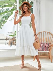 Breezaya Vestido largo con volantes y plisados sólidos, conjunto de ropa de playa de vacaciones para mujeres - Blanco - Ver 6
