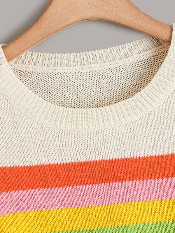 SHEIN Qutie Plus Rainbow Striped Pattern Drop Shoulder Sweater SHEIN USA