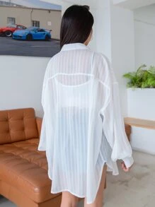 DAZY Blusa de hombros caídos sin camiseta interior, top de manga larga - Blanco - Ver 2