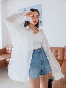 DAZY Blusa de hombros caídos sin camiseta interior, top de manga larga - Blanco - Ver 4