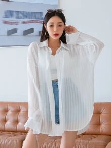 DAZY Blusa de hombros caídos sin camiseta interior, top de manga larga - Blanco - Ver 5