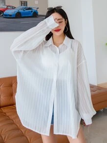 DAZY Blusa de hombros caídos sin camiseta interior, top de manga larga - Blanco - Ver 7