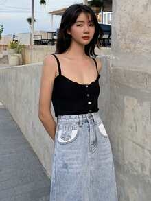 Solid Button Front Crop Cami Top - Black - View 1