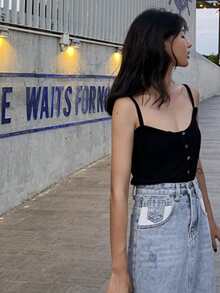 Solid Button Front Crop Cami Top - Black - View 3