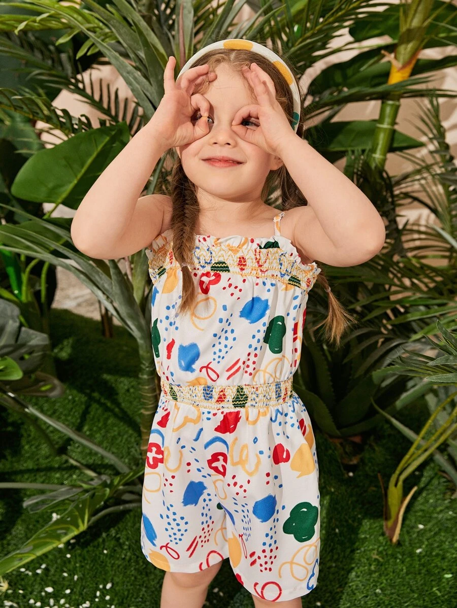 SHEIN 小女童卡通圖案木耳邊吊帶連體褲