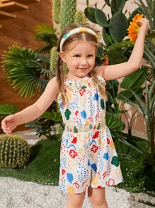 SHEIN 小女童卡通圖案木耳邊吊帶連體褲