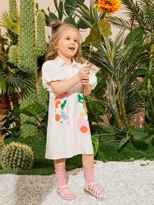 SHEIN 小女童印花泡泡袖襯衫洋裝