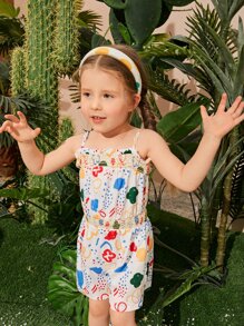 SHEIN 小女童卡通圖案木耳邊吊帶連體褲