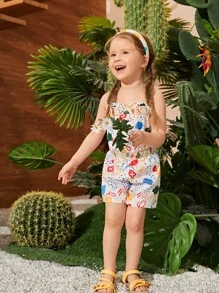 SHEIN 小女童卡通圖案木耳邊吊帶連體褲