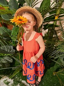 SHEIN Toddler Girls Graphic Print Ruffle Armhole Dress - Burnt Orange - View 1