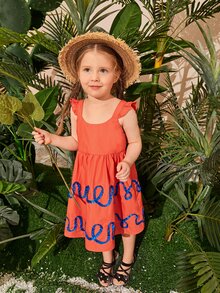 SHEIN Toddler Girls Graphic Print Ruffle Armhole Dress - Burnt Orange - View 2