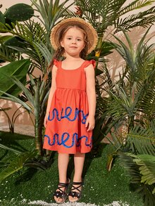 SHEIN Toddler Girls Graphic Print Ruffle Armhole Dress - Burnt Orange - View 4