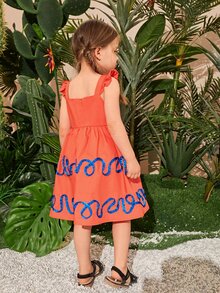SHEIN Toddler Girls Graphic Print Ruffle Armhole Dress - Burnt Orange - View 5