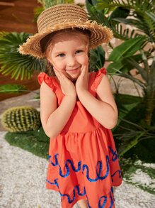 SHEIN Toddler Girls Graphic Print Ruffle Armhole Dress - Burnt Orange - View 6