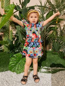 SHEIN Toddler Girls Floral Puff Sleeve Top & Ruffle Hem Shorts - Multicolor - View 2
