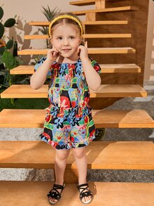 SHEIN Toddler Girls Floral Puff Sleeve Top & Ruffle Hem Shorts - Multicolor - View 3