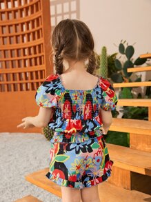 SHEIN Toddler Girls Floral Puff Sleeve Top & Ruffle Hem Shorts - Multicolor - View 5