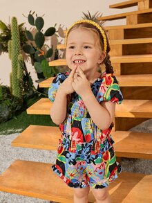 SHEIN Toddler Girls Floral Puff Sleeve Top & Ruffle Hem Shorts - Multicolor - View 6