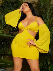 SHEIN SXY Plus Sweetheart Ruched Cut Out Waist Dress - Yellow - View 3