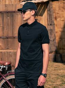 Áo thun có cổ Nam Nút phía trước màu trơn Giải trí - màu đen - Xem 4