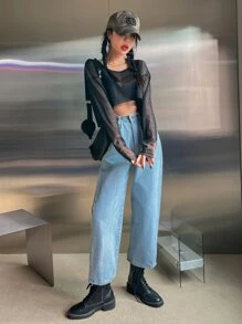 DAZY Áo crop top sọc trễ vai không có áo ngực - màu đen - Xem 6
