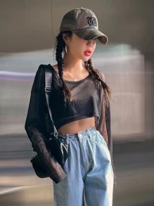 DAZY Áo crop top sọc trễ vai không có áo ngực - màu đen - Xem 7