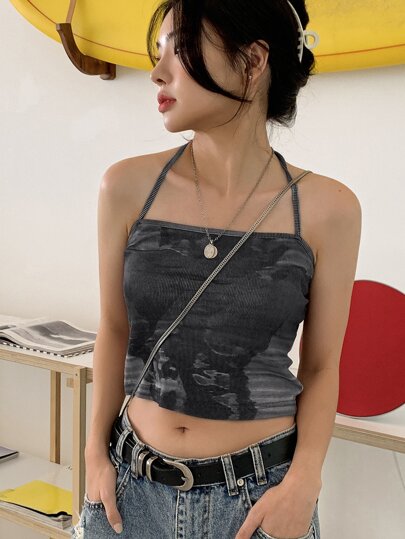 Top halter sin espalda con nudo y teñido anudado, top sexy de verano para mujeres