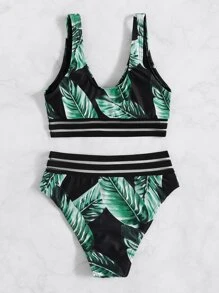 SHEIN Swim Tropical Print Contrast Mesh Bikini Set Wireless Bra Top & High Waist Bikini Bottom 2 Pieces Bikini Summer Beach - Multicolor - View 2