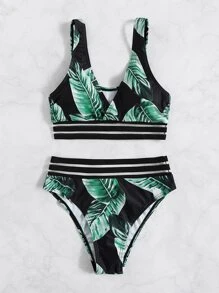 SHEIN Swim Tropical Print Contrast Mesh Bikini Set Wireless Bra Top & High Waist Bikini Bottom 2 Pieces Bikini Summer Beach - Multicolor - View 3