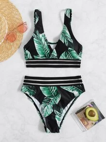 SHEIN Swim Tropical Print Contrast Mesh Bikini Set Wireless Bra Top & High Waist Bikini Bottom 2 Pieces Bikini Summer Beach - Multicolor - View 5